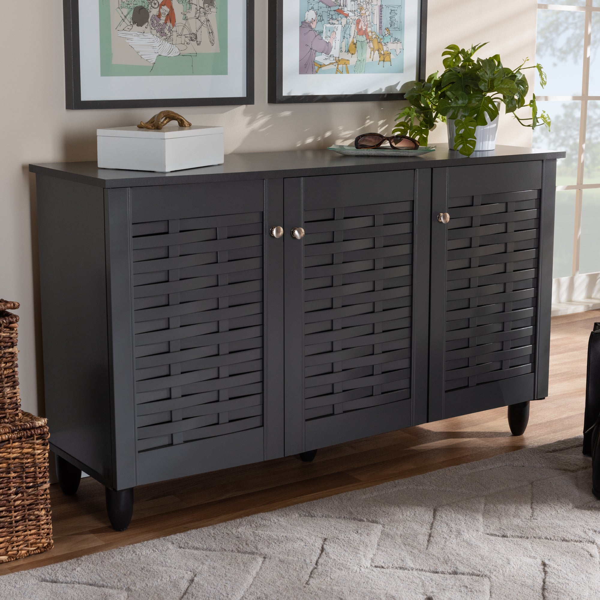 Winda Modern and Contemporary Dark Grey 3-Door Wooden Entryway Shoe Storage Cabinet