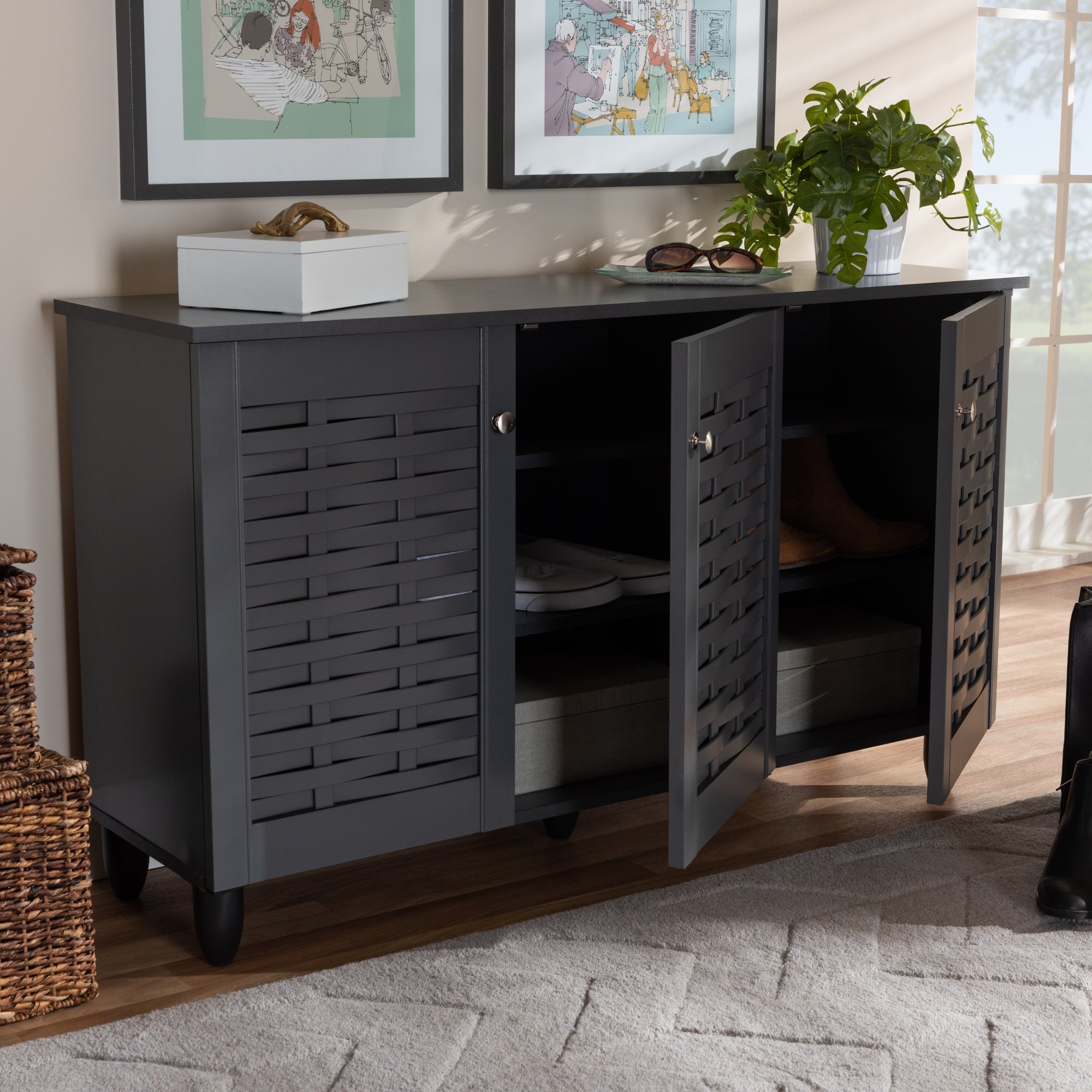 Winda Modern and Contemporary Dark Grey 3-Door Wooden Entryway Shoe Storage Cabinet
