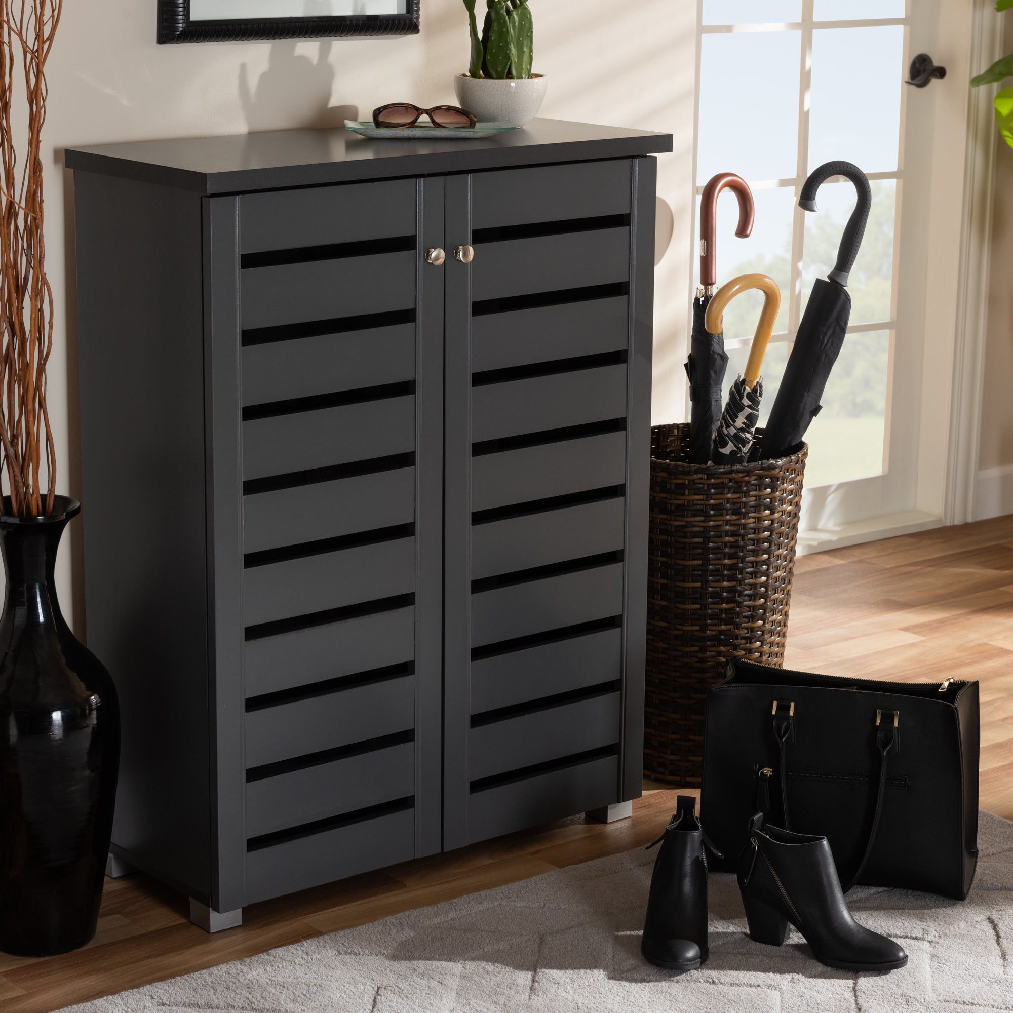 Adalwin Modern and Contemporary Dark Gray 2-Door Wooden Entryway Shoe Storage Cabinet