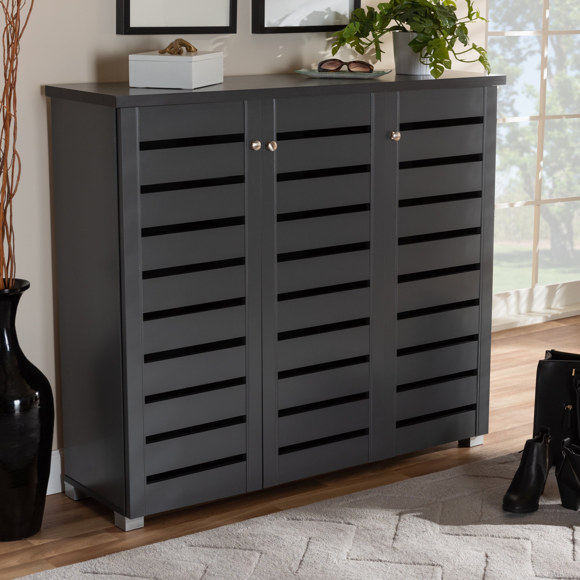 Adalwin Modern and Contemporary Dark Gray 3-Door Wooden Entryway Shoe Storage Cabinet