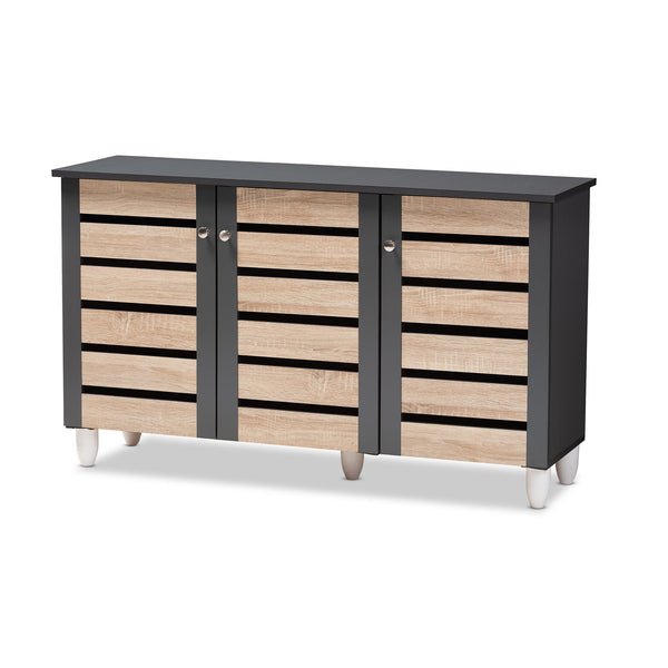Gisela Modern and Contemporary Two-Tone Oak and Dark Grey 3-Door Shoe Storage Cabinet