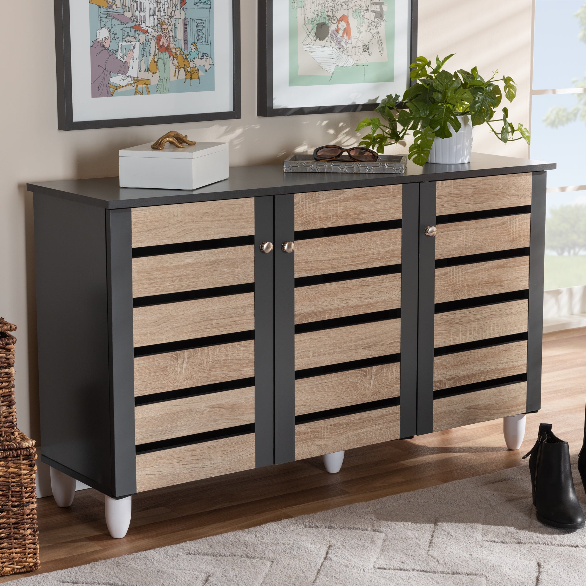 Gisela Modern and Contemporary Two-Tone Oak and Dark Grey 3-Door Shoe Storage Cabinet