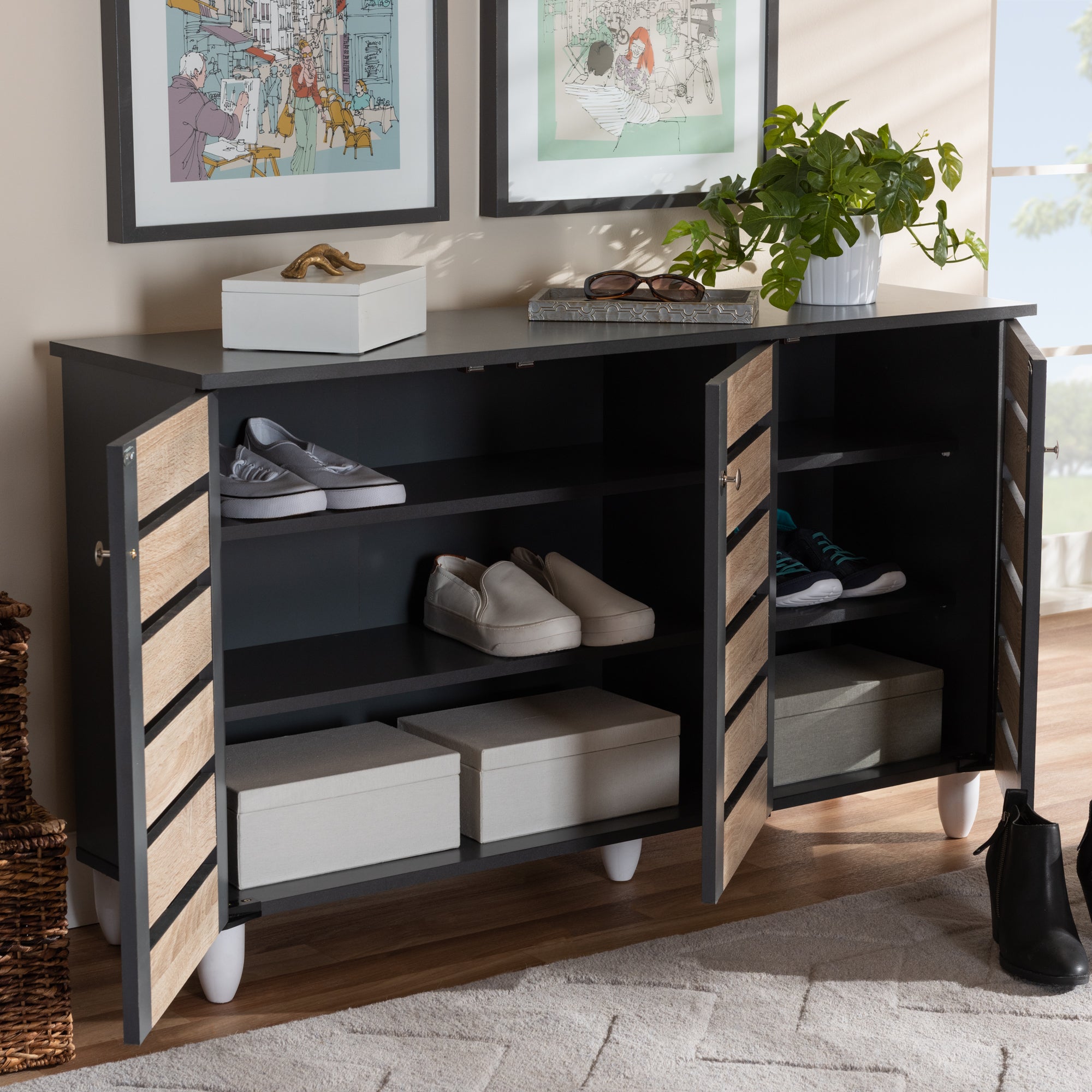 Gisela Modern and Contemporary Two-Tone Oak and Dark Grey 3-Door Shoe Storage Cabinet