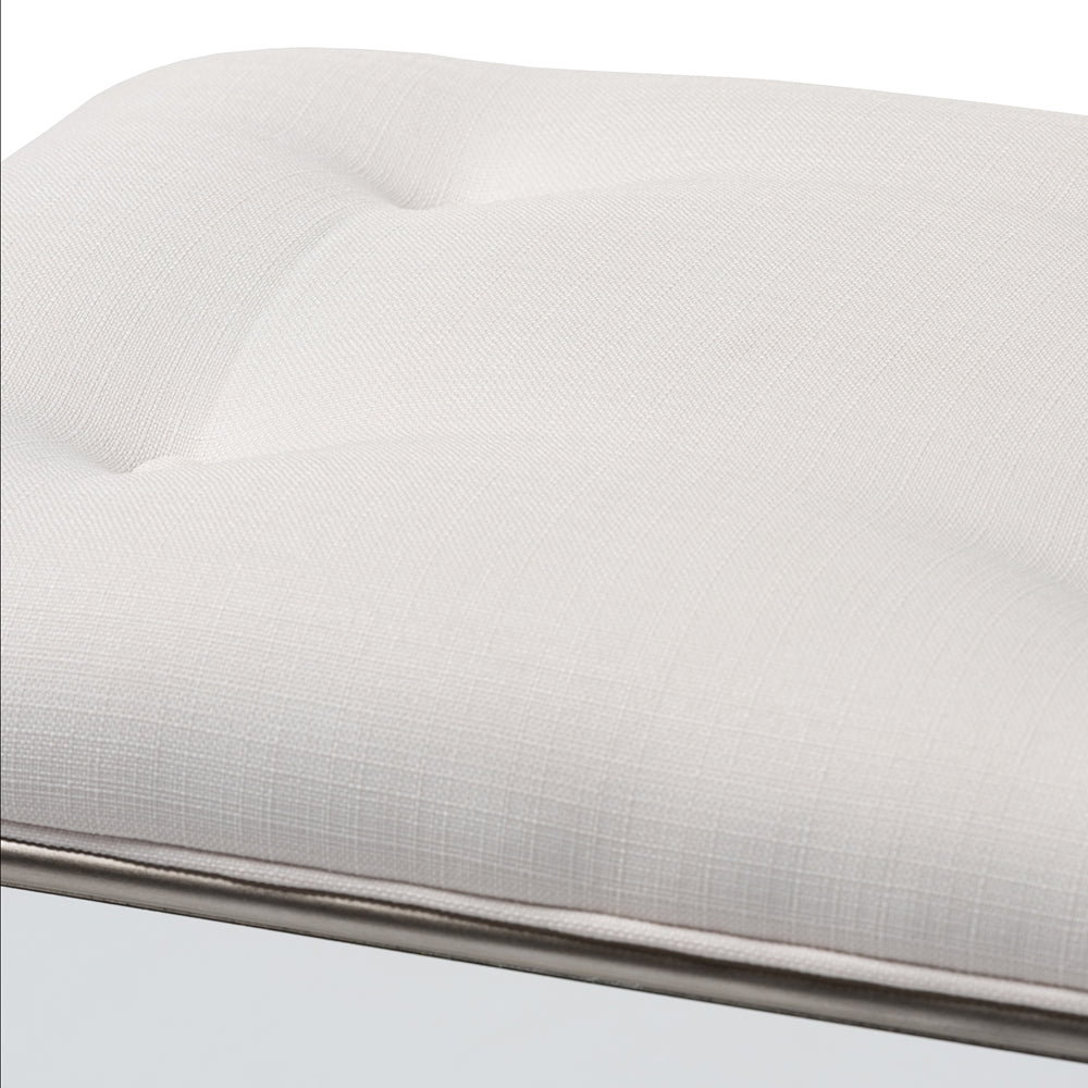 Marielle Hollywood Regency our Style Off White Fabric Upholstered Mirrored Ottoman Vanity Bench