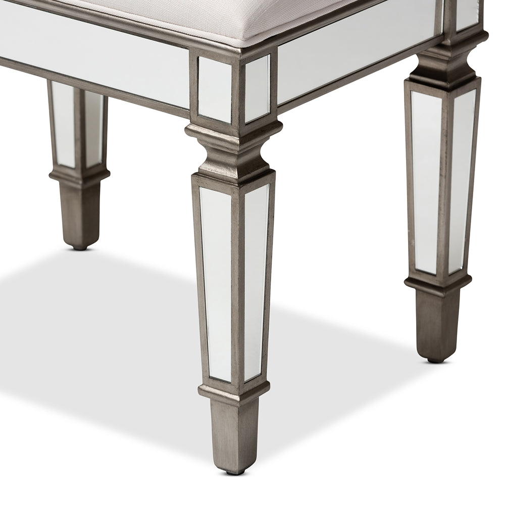 Marielle Hollywood Regency our Style Off White Fabric Upholstered Mirrored Ottoman Vanity Bench