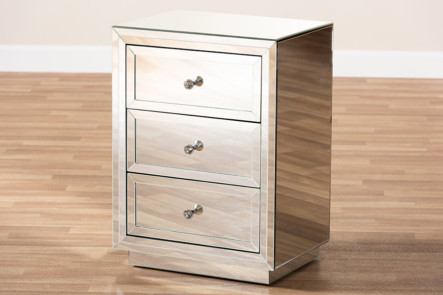 Lina Modern and Contemporary Hollywood Regency our Style Mirrored 3-Drawer End Table