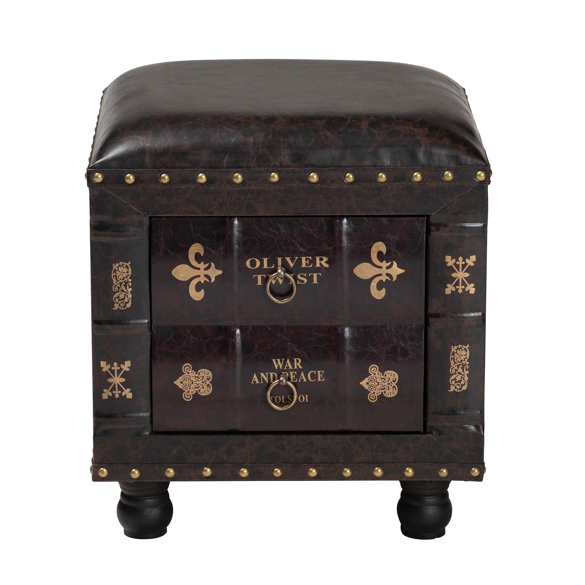 Charlier Rustic Antique Inspired Dark Brown Faux Leather Upholstered Wood Storage Ottoman with Book Spine Drawer