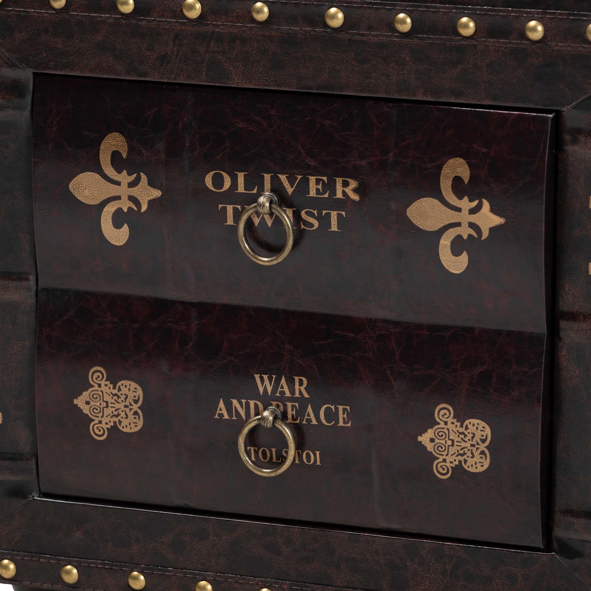 Charlier Rustic Antique Inspired Dark Brown Faux Leather Upholstered Wood Storage Ottoman with Book Spine Drawer