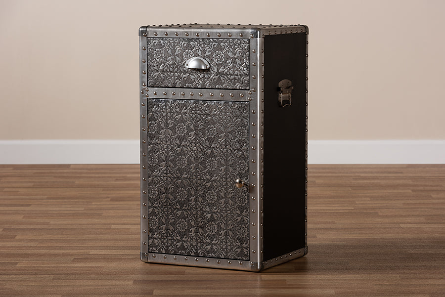 Cosette Vintage Industrial Silver Metal Floral Accent Cabinet