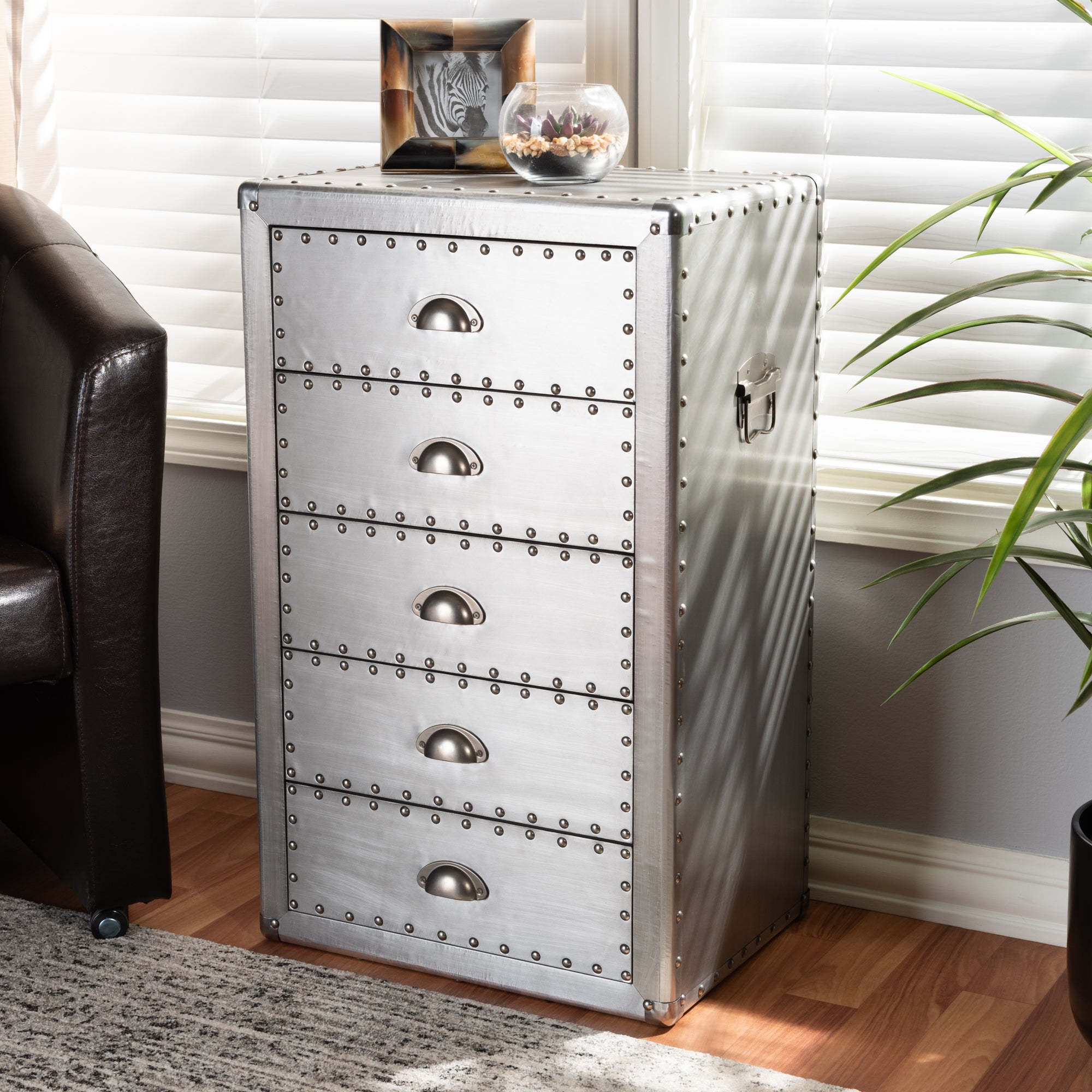 Davet French Industrial Silver Metal 5-Drawer Accent Storage Cabinet