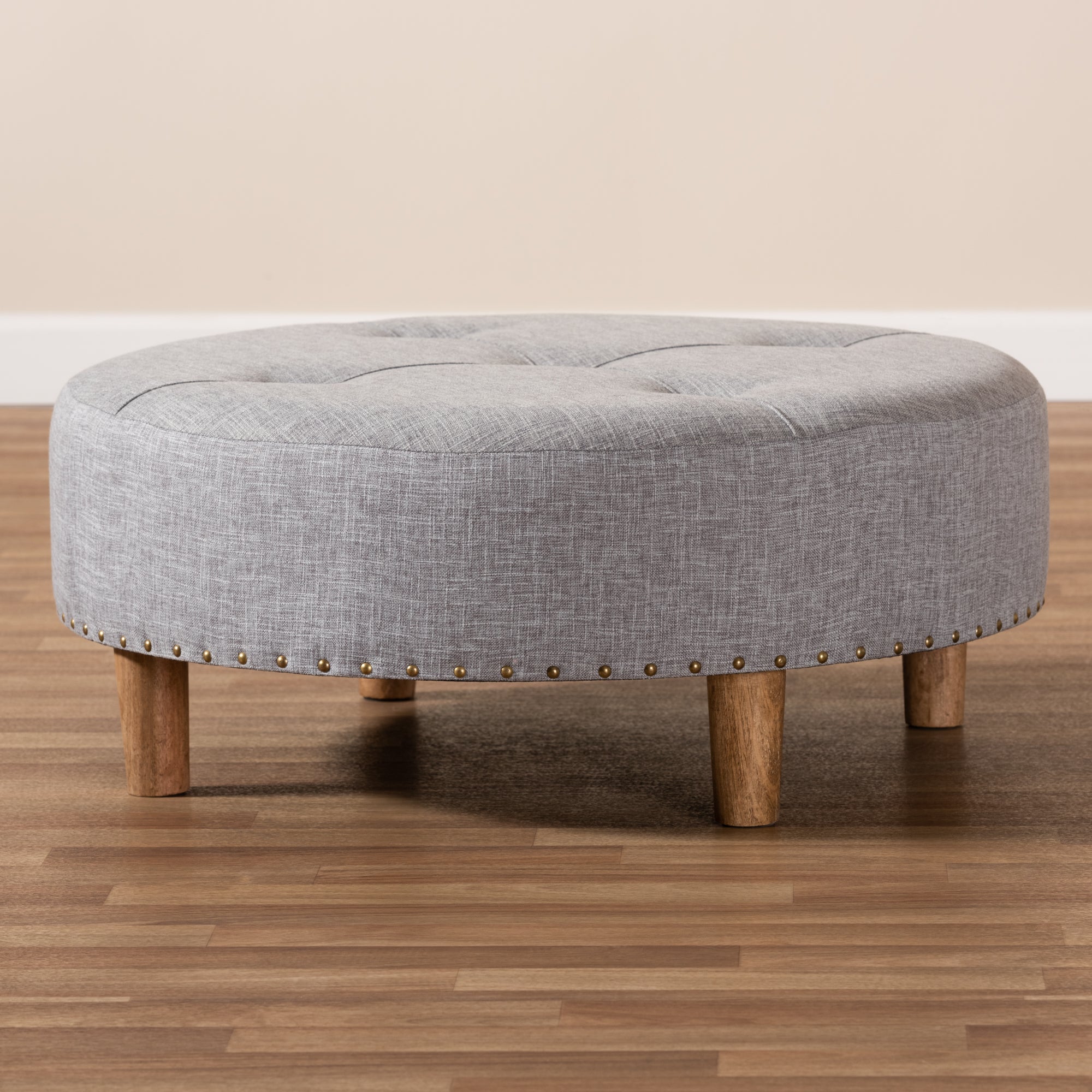 Vinet Modern and Contemporary Light Gray Fabric Upholstered Natural Wood Cocktail Ottoman