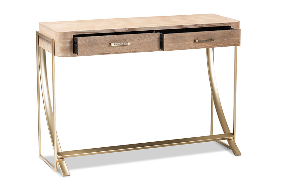 Lafoy Modern and Contemporary Natural Brown Finished Wood and Gold Finished 2-Drawer Console Table