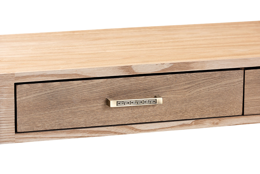 Lafoy Modern and Contemporary Natural Brown Finished Wood and Gold Finished 2-Drawer Console Table