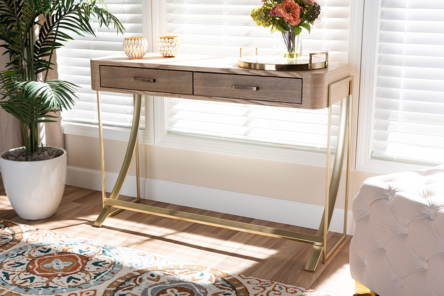 Lafoy Modern and Contemporary Natural Brown Finished Wood and Gold Finished 2-Drawer Console Table