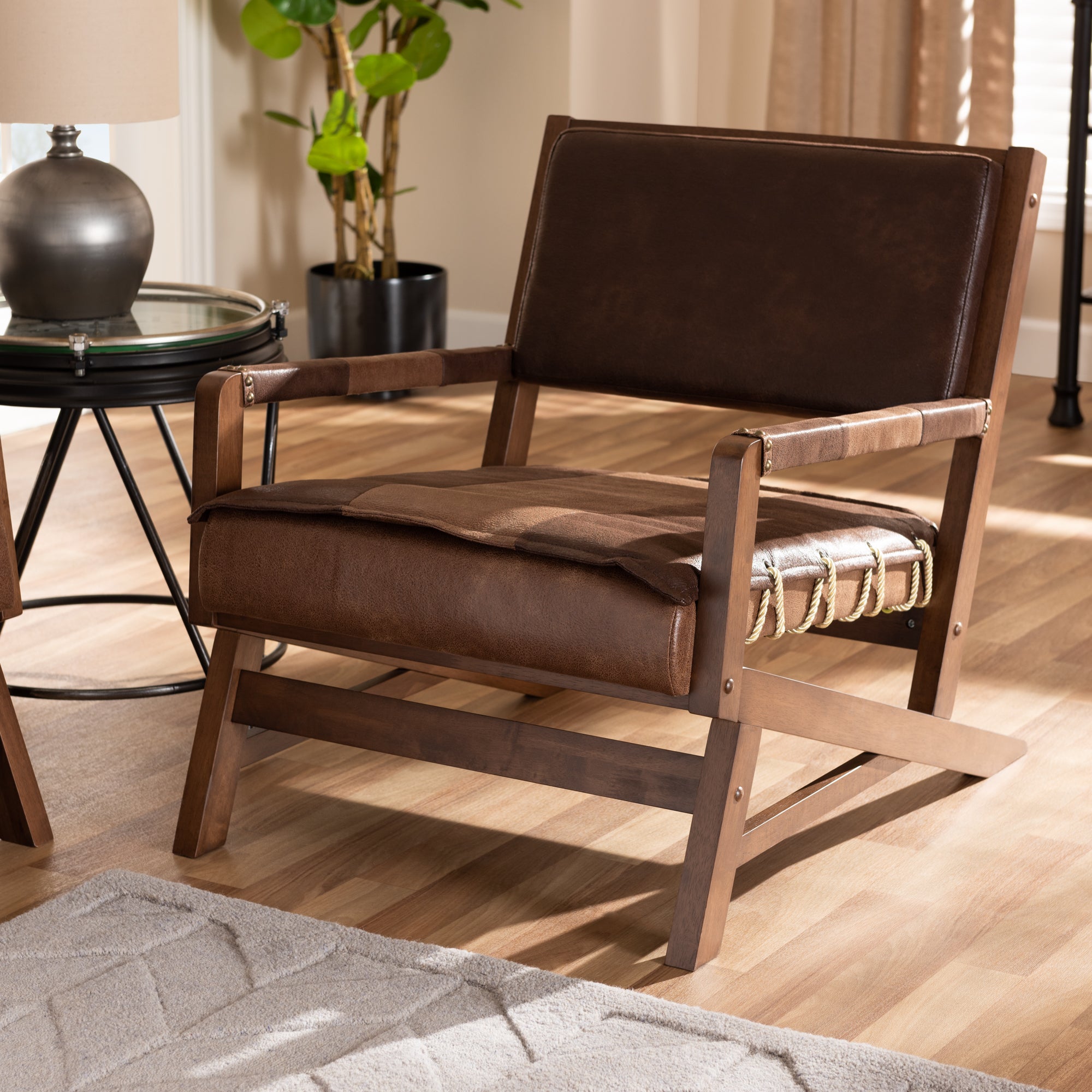 Rovelyn Rustic Brown Faux Leather Upholstered Walnut Finished Wood Lounge Chair