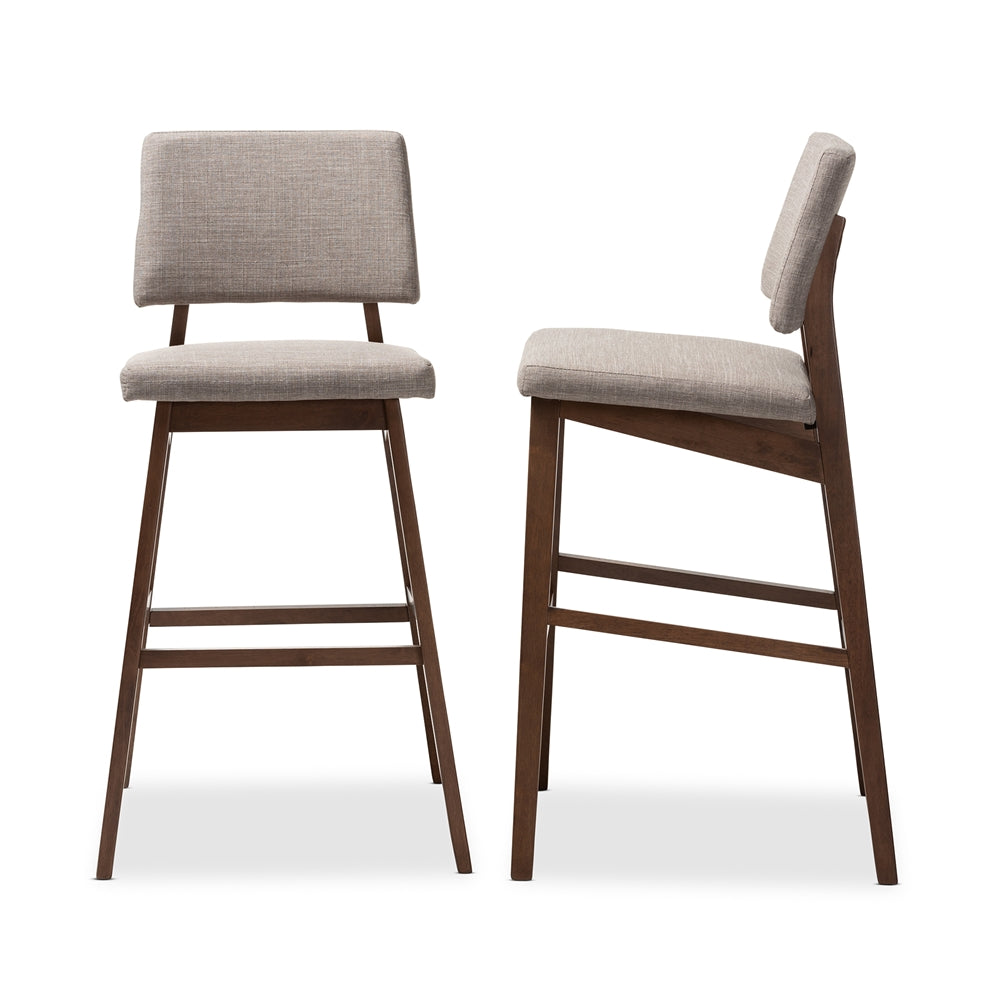 Colton Mid-Century Modern Light Grey Fabric Upholstered and Walnut-Finished Wood Bar Stool Set of 2