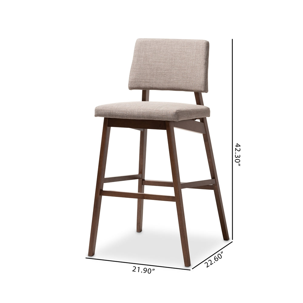 Colton Mid-Century Modern Light Grey Fabric Upholstered and Walnut-Finished Wood Bar Stool Set of 2