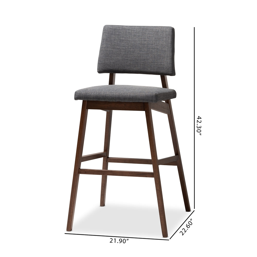 Colton Mid-Century Modern Dark Grey Fabric Upholstered and Walnut-Finished Wood Bar Stool Set of 2