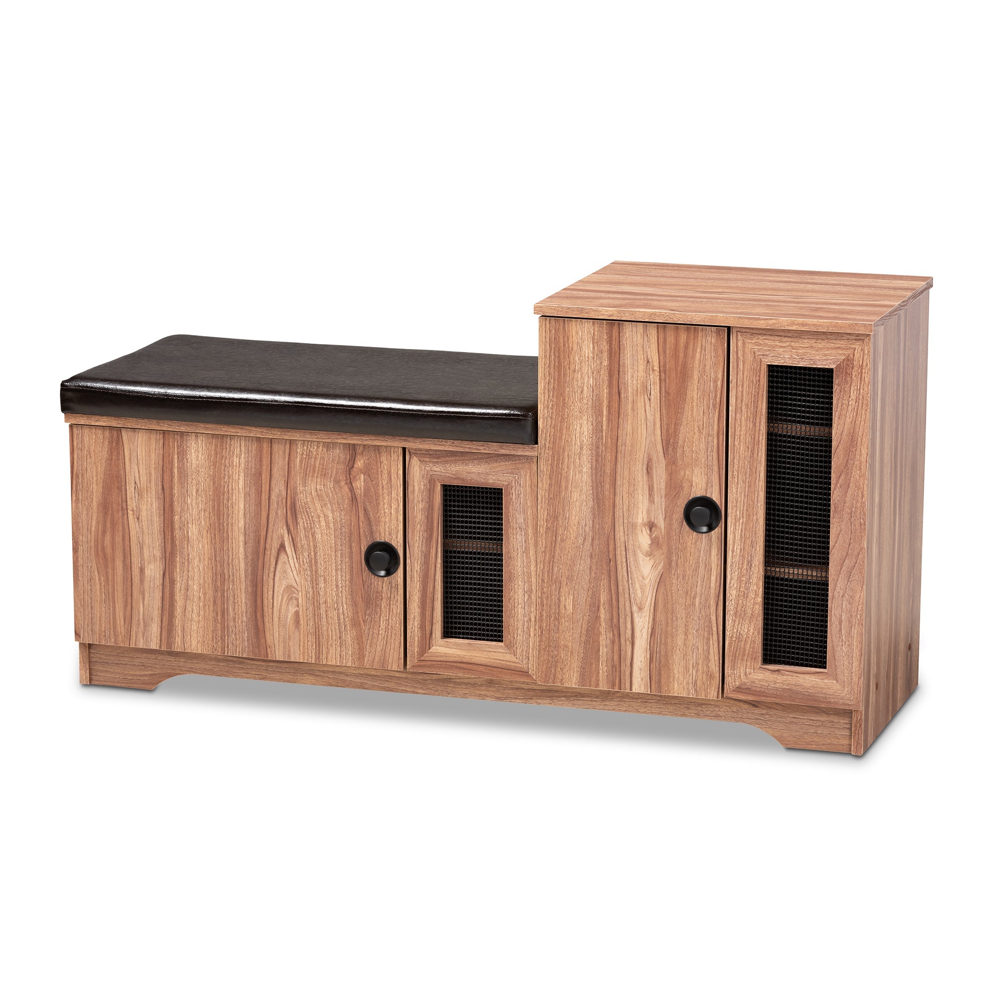 Valina Modern and Contemporary Dark Brown Faux Leather Upholstered 2-Door Wood Shoe Storage Bench with Cabinet