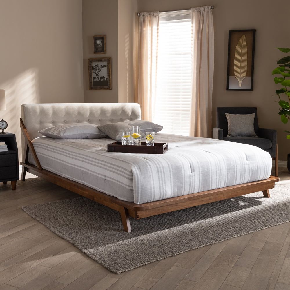 Sante Light Beige Fabric Upholstered Wood Full Size Platform Bed