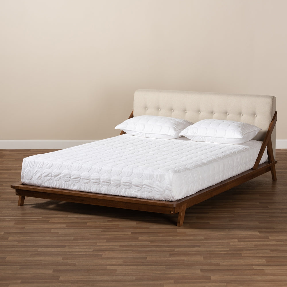 Sante Light Beige Fabric Upholstered Wood Full Size Platform Bed