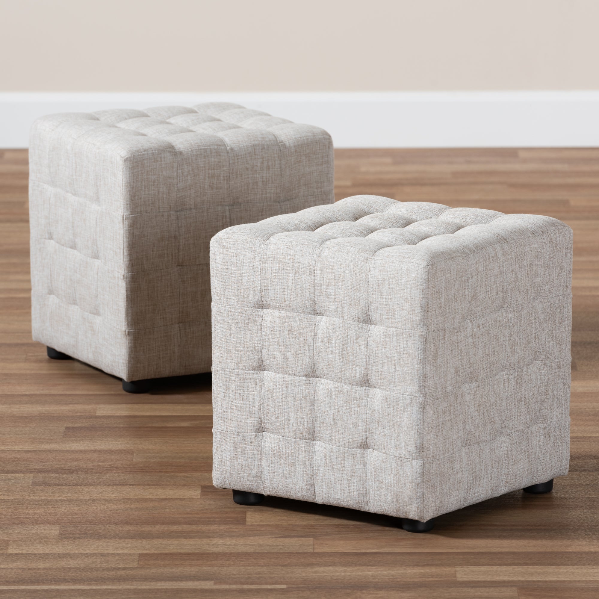 Elladio Modern and Contemporary Beige Fabric Upholstered Tufted Cube Ottoman Set of 2