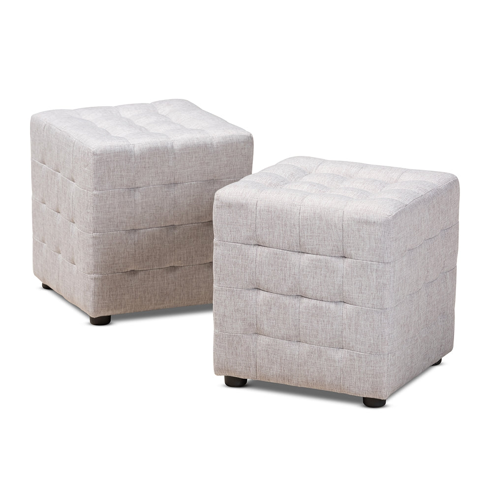 Elladio Modern and Contemporary Greyish Beige Fabric Upholstered Tufted Cube Ottoman Set of 2