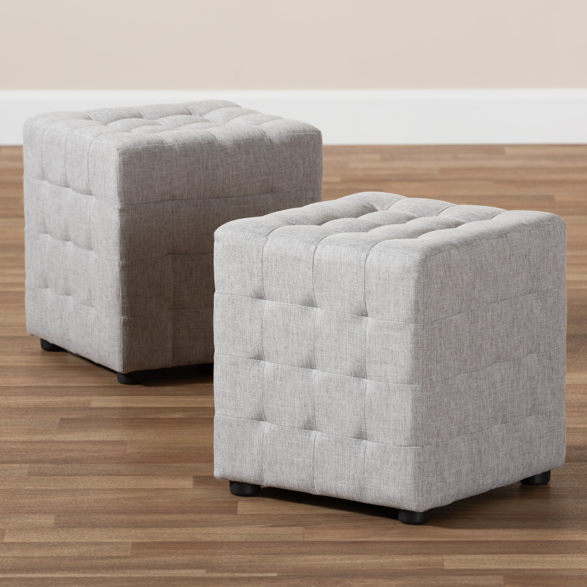 Elladio Modern and Contemporary Greyish Beige Fabric Upholstered Tufted Cube Ottoman Set of 2