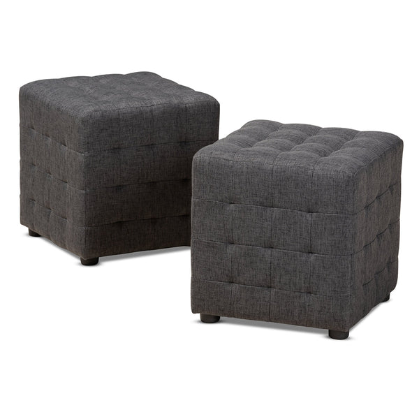 Elladio Modern and Contemporary Dark Grey Fabric Upholstered Tufted Cube Ottoman Set of 2