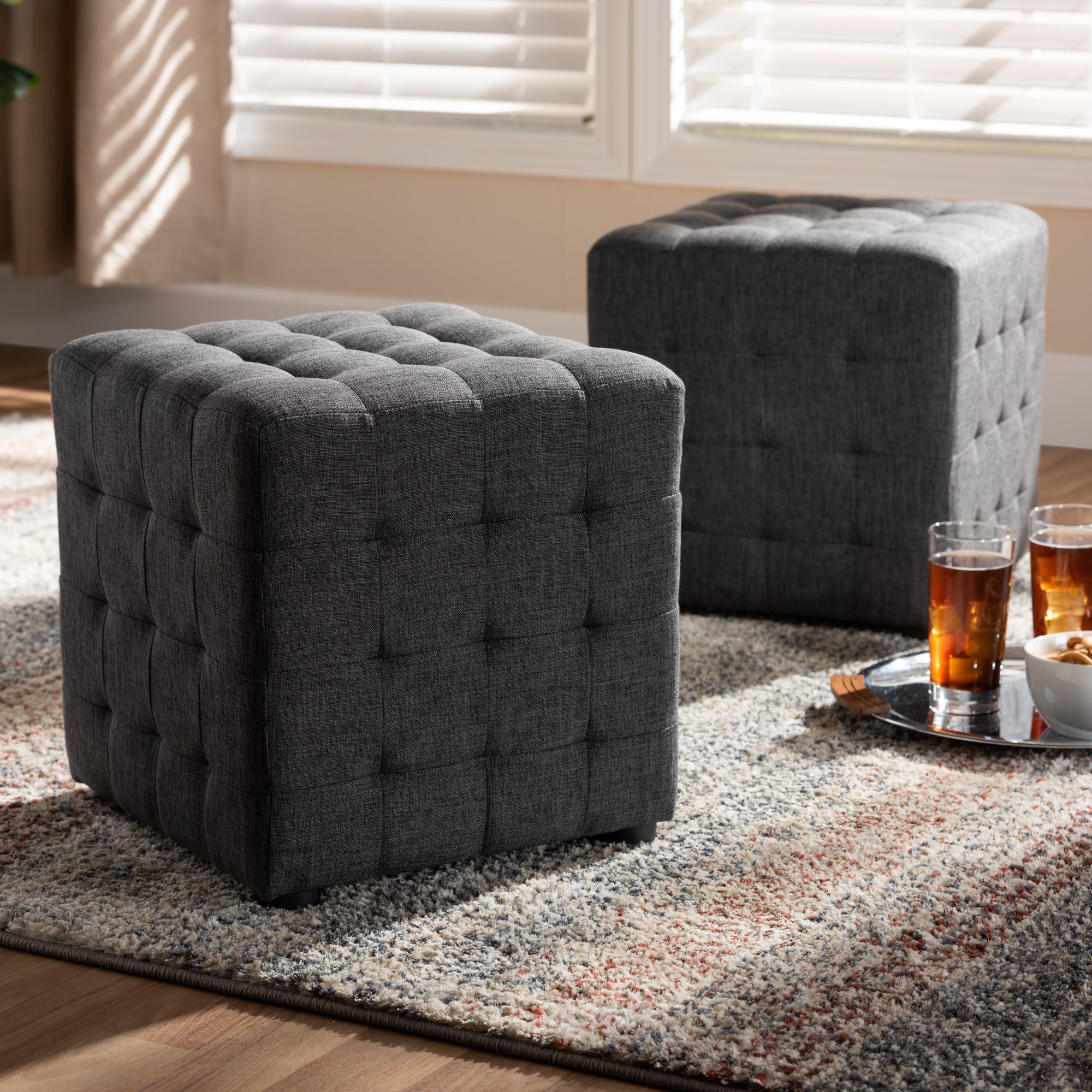 Elladio Modern and Contemporary Dark Grey Fabric Upholstered Tufted Cube Ottoman Set of 2