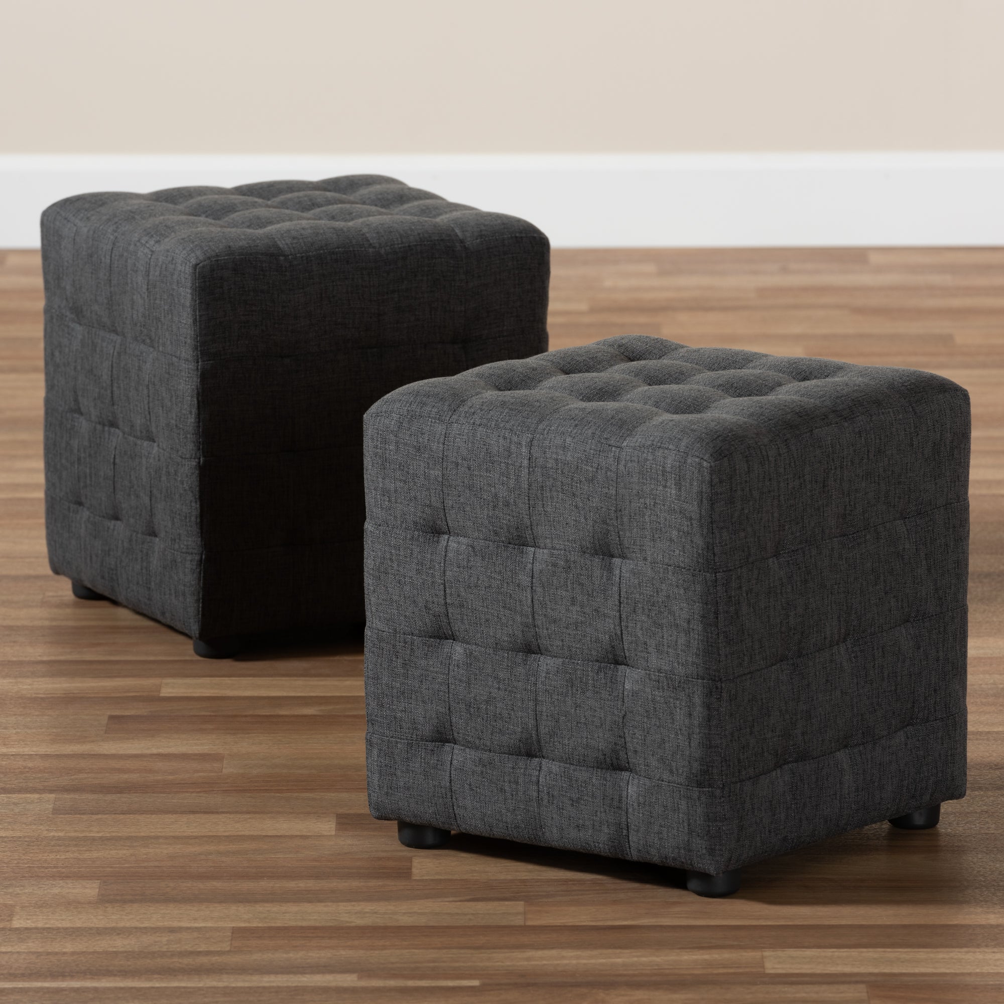 Elladio Modern and Contemporary Dark Grey Fabric Upholstered Tufted Cube Ottoman Set of 2
