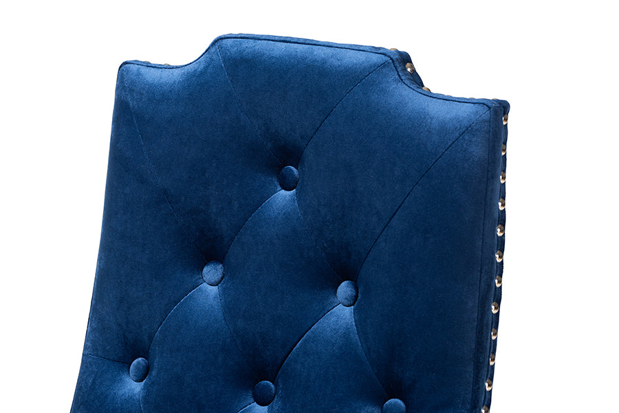 Dylin Modern and Contemporary Navy Blue Velvet Fabric Upholstered Button Tufted Wood Dining Chair Set of 2