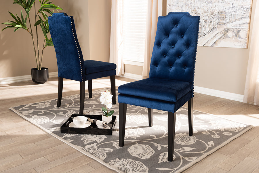 Dylin Modern and Contemporary Navy Blue Velvet Fabric Upholstered Button Tufted Wood Dining Chair Set of 2
