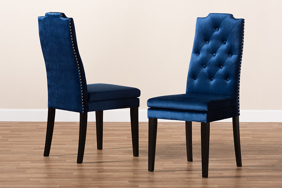Dylin Modern and Contemporary Navy Blue Velvet Fabric Upholstered Button Tufted Wood Dining Chair Set of 2