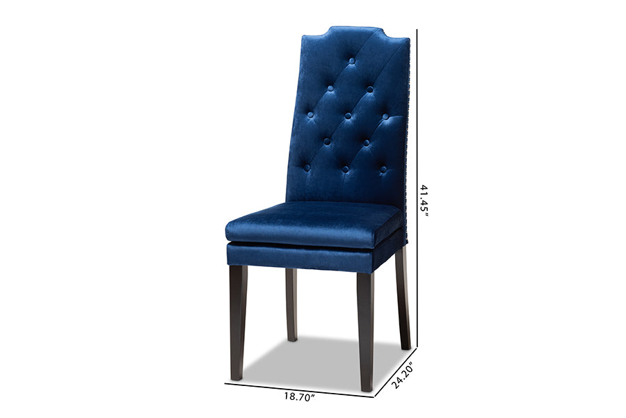 Dylin Modern and Contemporary Navy Blue Velvet Fabric Upholstered Button Tufted Wood Dining Chair Set of 2