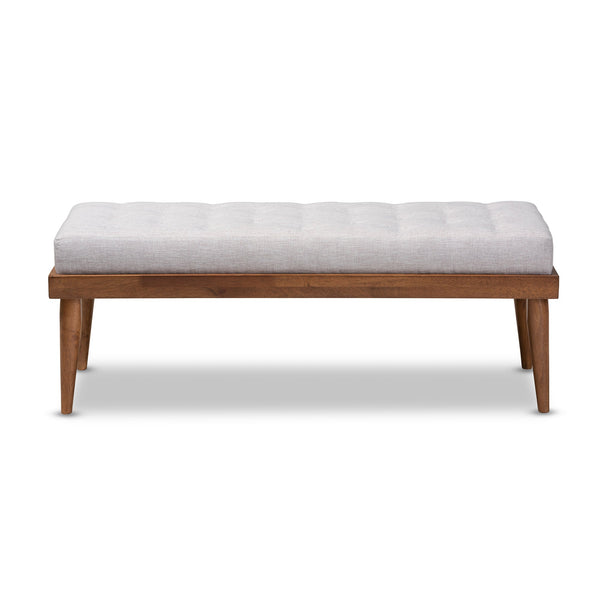 Linus Mid-Century Modern Greyish Beige Fabric Upholstered and Button Tufted Wood Bench