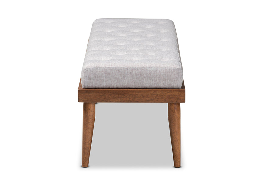 Linus Mid-Century Modern Greyish Beige Fabric Upholstered and Button Tufted Wood Bench