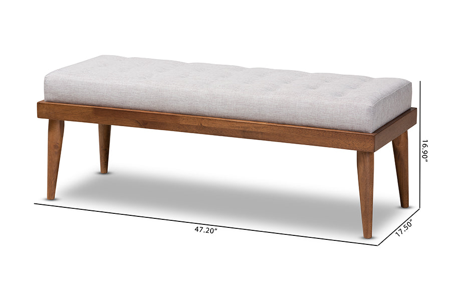 Linus Mid-Century Modern Greyish Beige Fabric Upholstered and Button Tufted Wood Bench