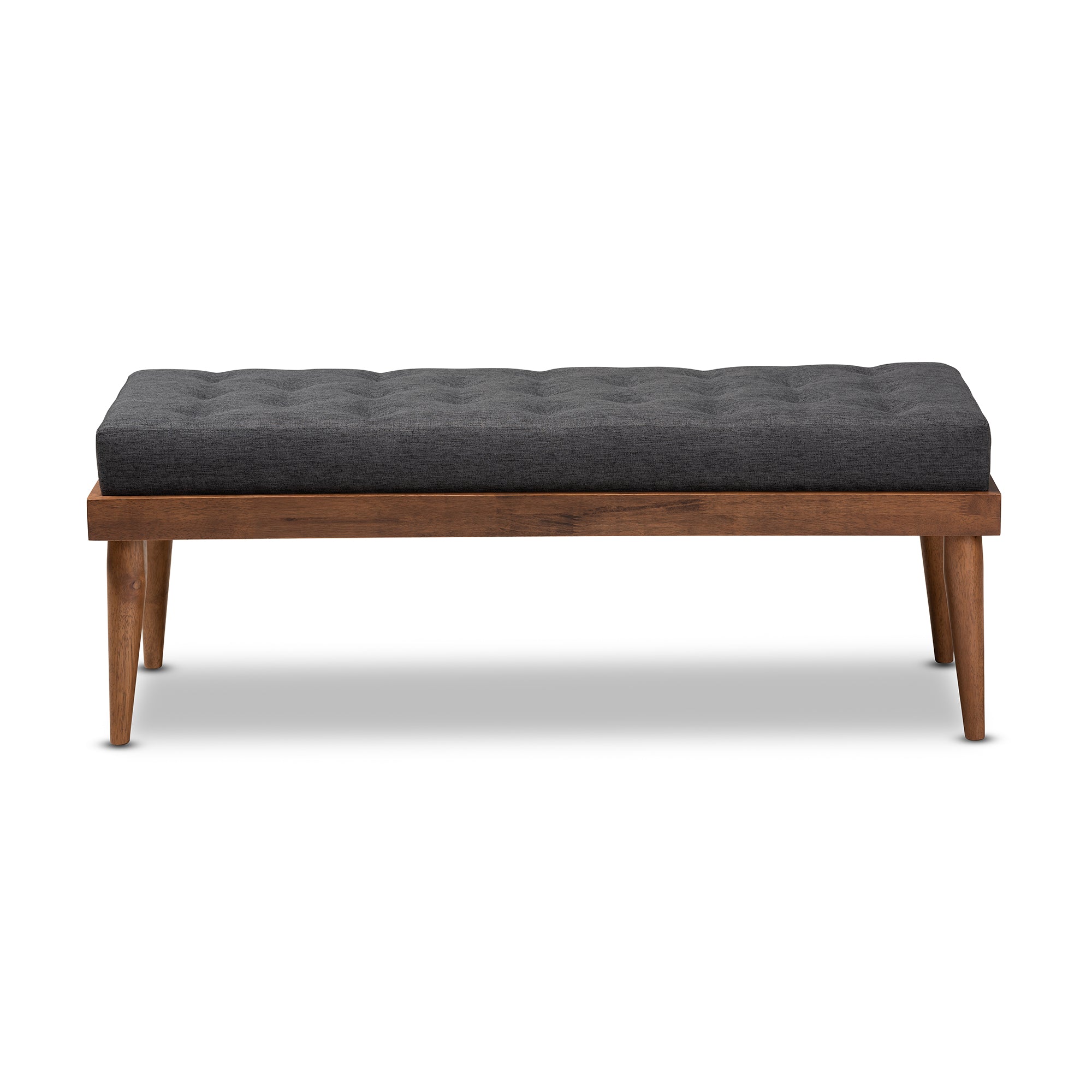 Linus Mid-Century Modern Dark Grey Fabric Upholstered and Button Tufted Wood Bench