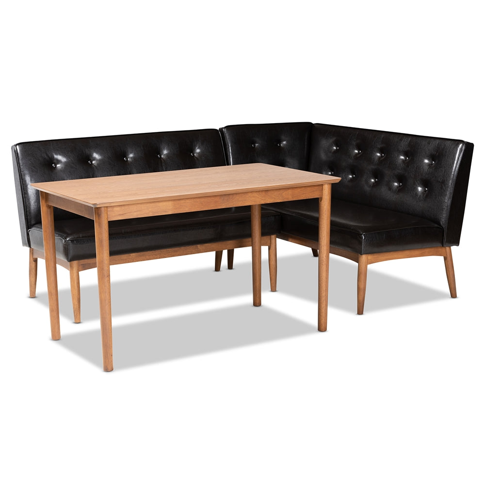 Arvid Mid-Century Modern Dark Brown Faux Leather Upholstered 3-Piece Wood Dining Nook Set