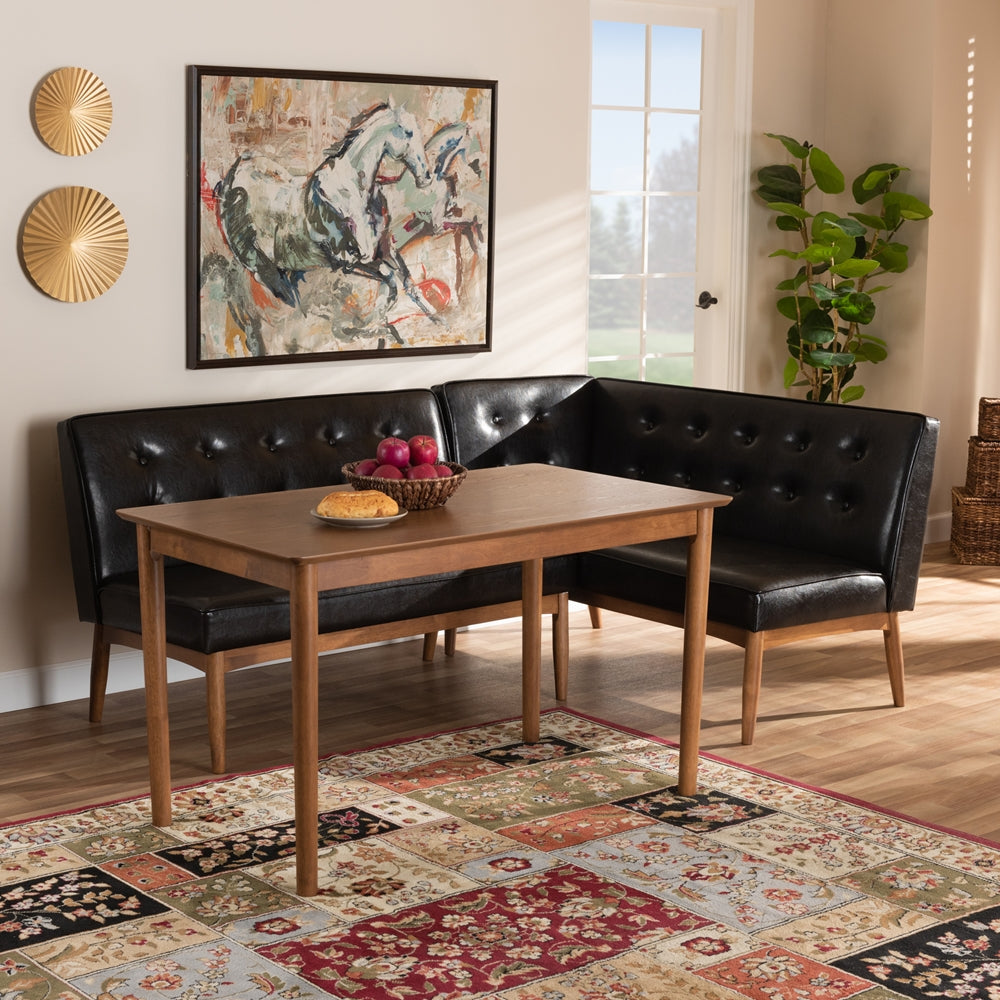 Arvid Mid-Century Modern Dark Brown Faux Leather Upholstered 3-Piece Wood Dining Nook Set