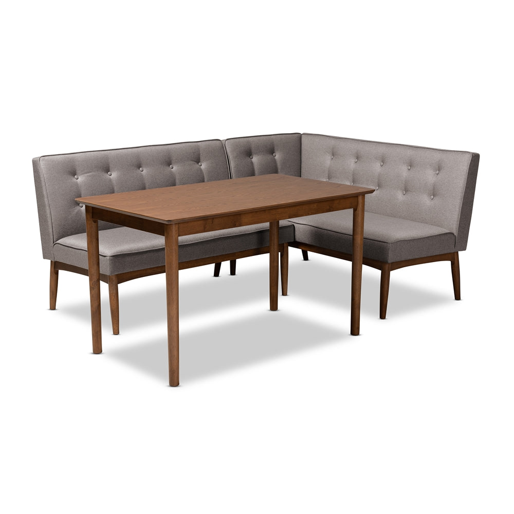 Arvid Mid-Century Modern Grey Fabric Upholstered 3-Piece Wood Dining Nook Set
