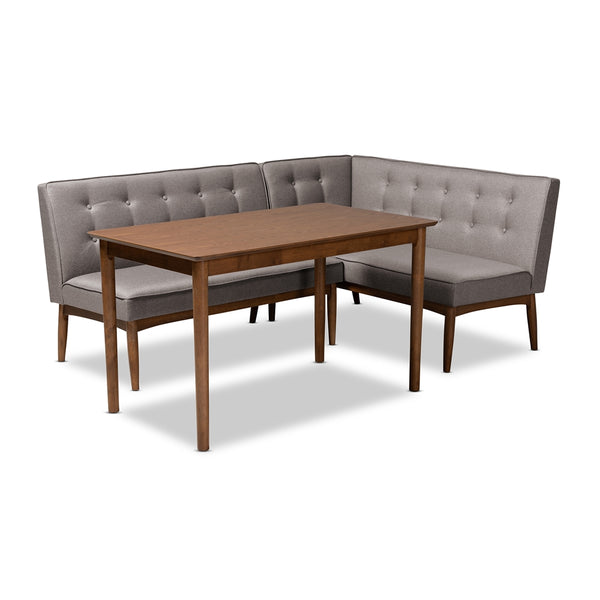 Arvid Mid-Century Modern Grey Fabric Upholstered 3-Piece Wood Dining Nook Set