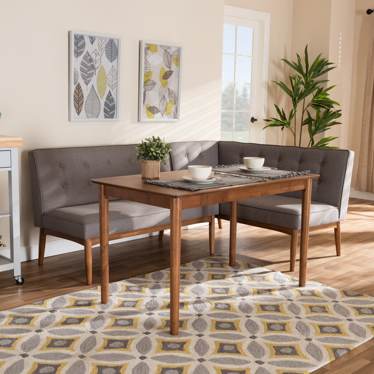 Arvid Mid-Century Modern Grey Fabric Upholstered 3-Piece Wood Dining Nook Set