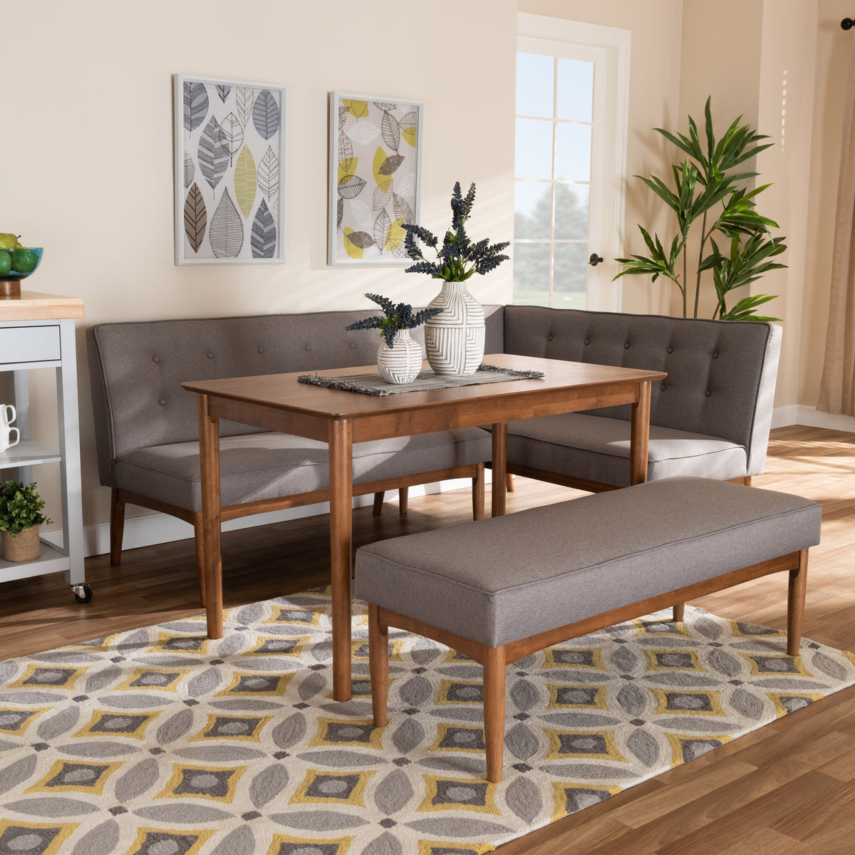 Arvid Mid-Century Modern Grey Fabric Upholstered 4-Piece Wood Dining Nook Set