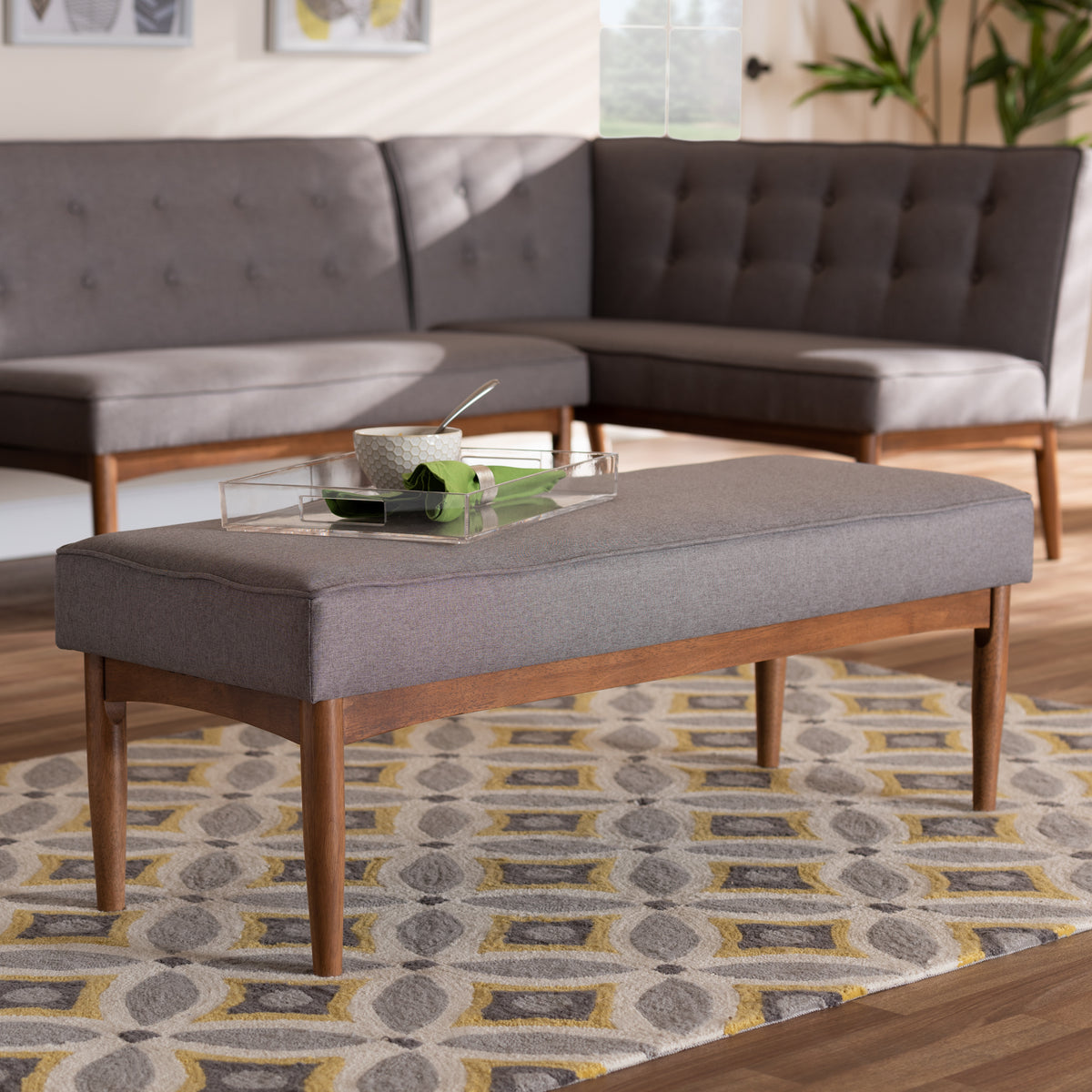Arvid Mid-Century Modern Grey Fabric Upholstered Wood Dining Bench