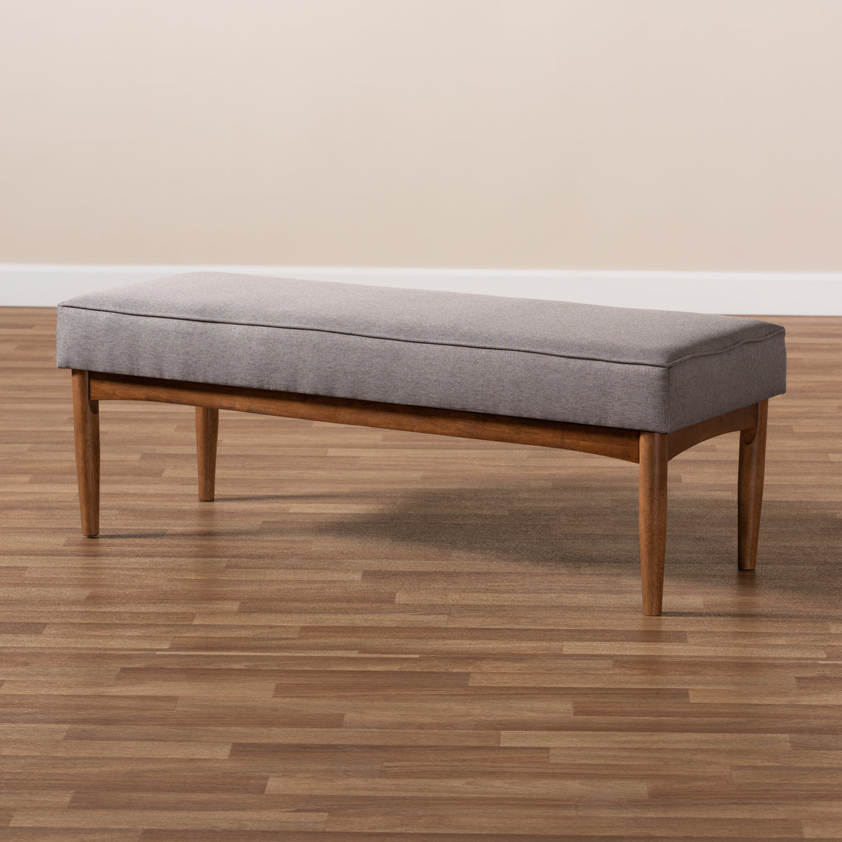 Arvid Mid-Century Modern Grey Fabric Upholstered Wood Dining Bench