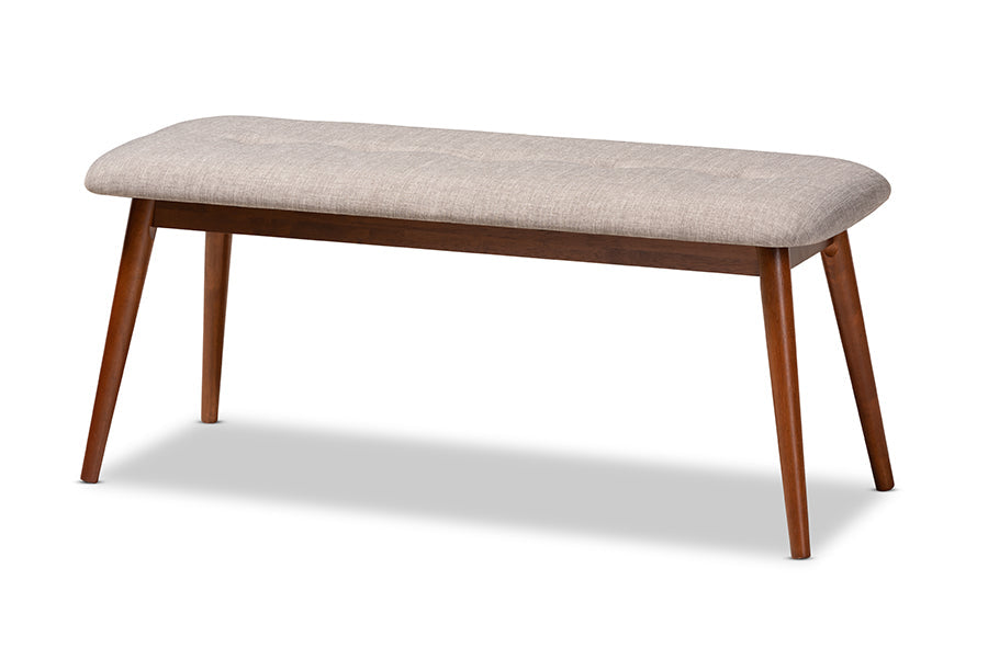 Flora II Mid-Century Modern Light Grey Fabric Upholstered Medium Oak Finished Wood Dining Bench
