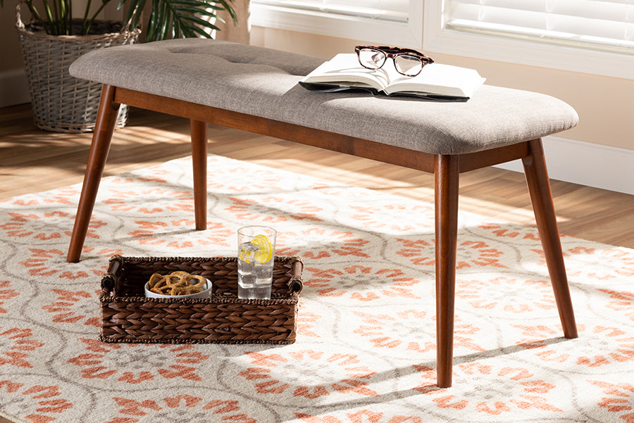 Flora II Mid-Century Modern Light Grey Fabric Upholstered Medium Oak Finished Wood Dining Bench