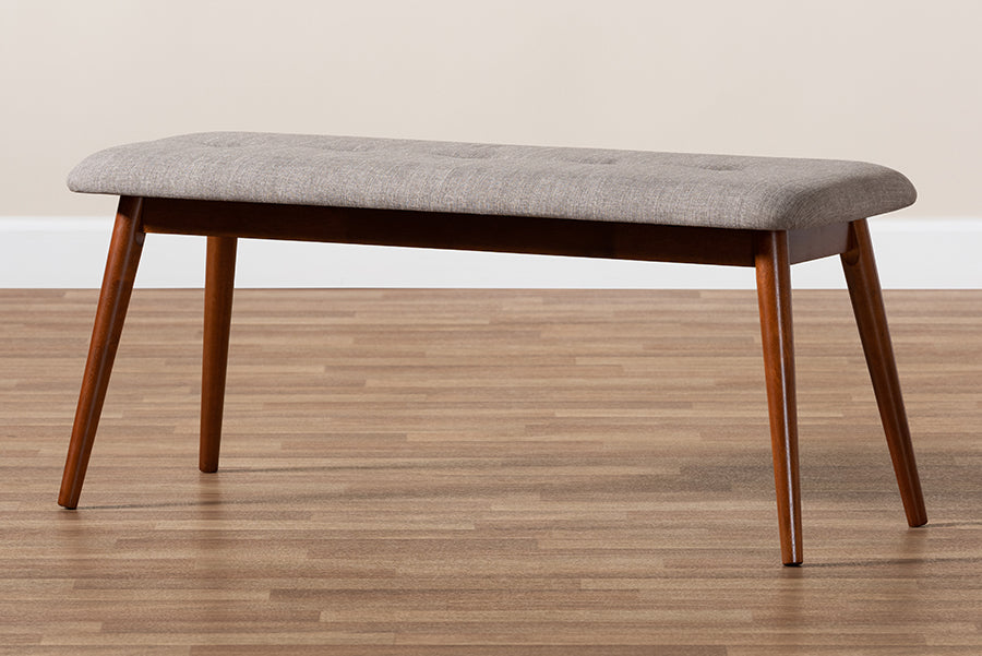 Flora II Mid-Century Modern Light Grey Fabric Upholstered Medium Oak Finished Wood Dining Bench